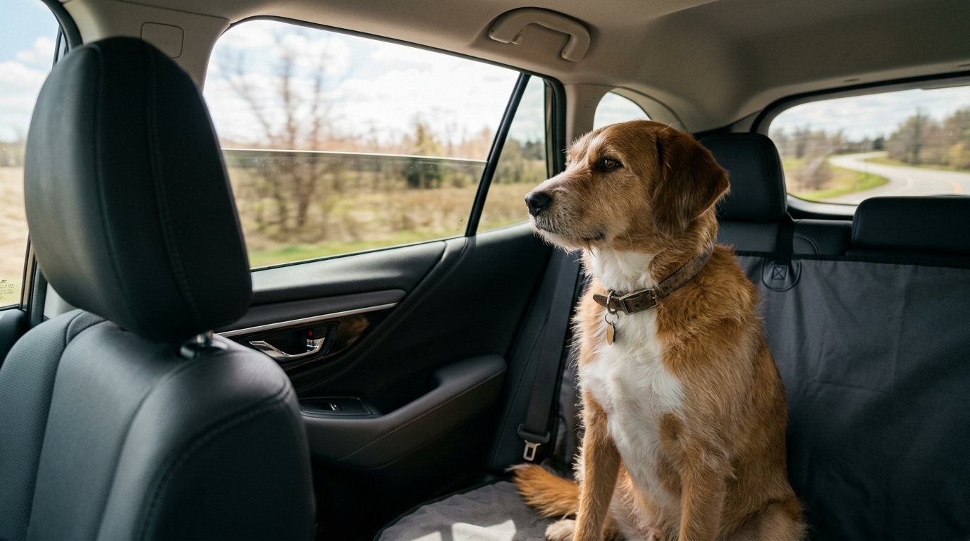 Dog riding calmly in the back seat of a car
