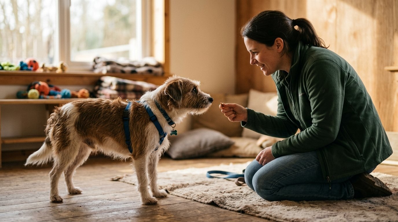 Rescue dog making calm eye contact with owner