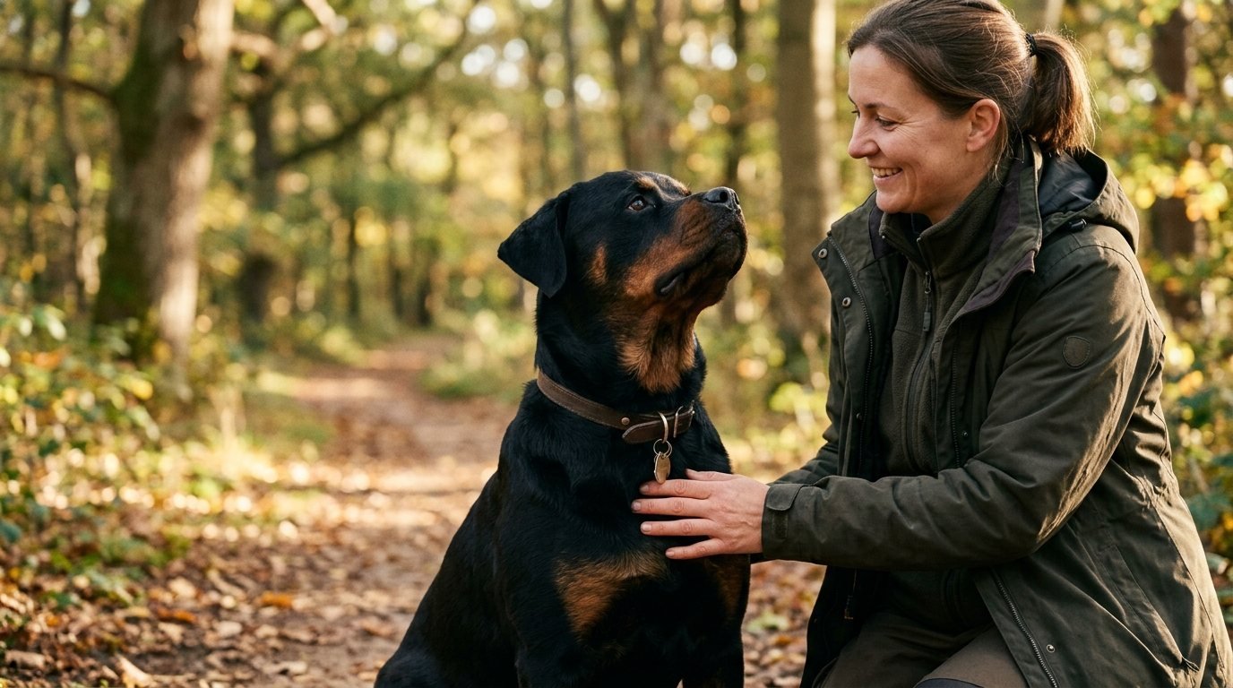 Dog looking calmly toward a trainer