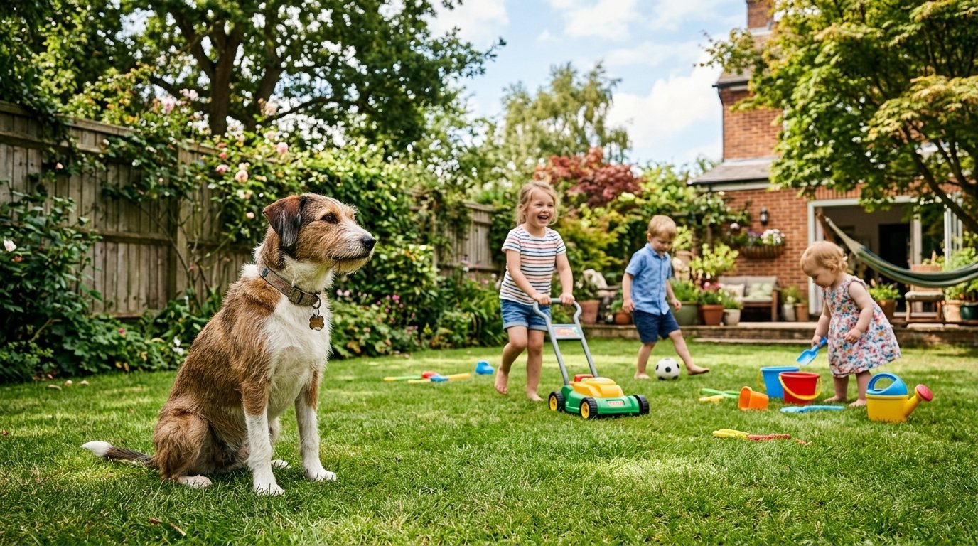 Family dog calmly watching children in a backyard