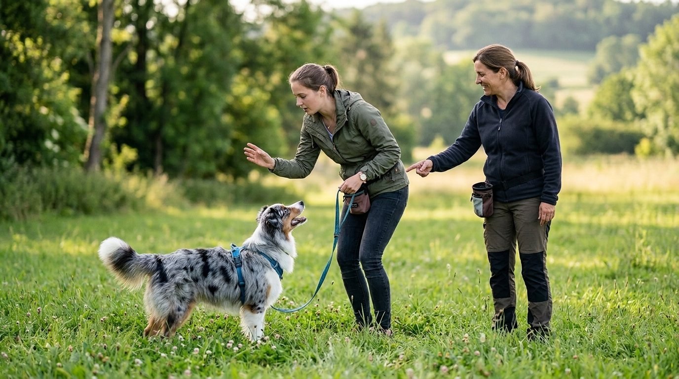 Owner learning practical dog handling skills outdoors