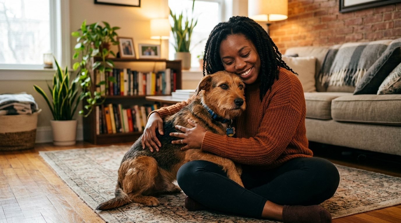 Owner embracing a rescue dog at home